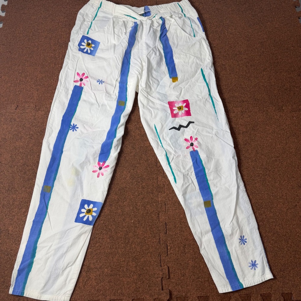 C+ Play Alegre Hand Painted Cotton Pants White Floral Abstract Art San Diego ML